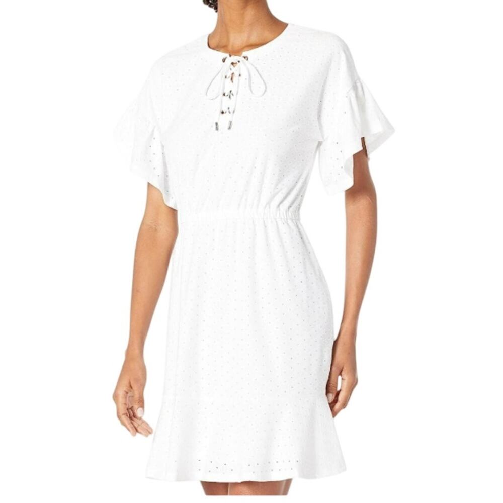 MICHAEL Michael Kors Plus Size Short Sleeve White Lace Up Embroidered Mini Dress